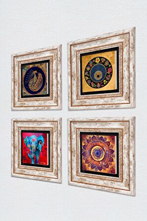 Mandala, Fil, Tavus Kuşu, Nazar Taş Duvar Tablosu Çerçeveli Duvar Dekoru 4 Parça Tablo Seti Wall Art