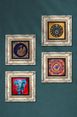 Mandala, Fil, Tavus Kuşu, Nazar Taş Duvar Tablosu Çerçeveli Duvar Dekoru 4 Parça Tablo Seti Wall Art