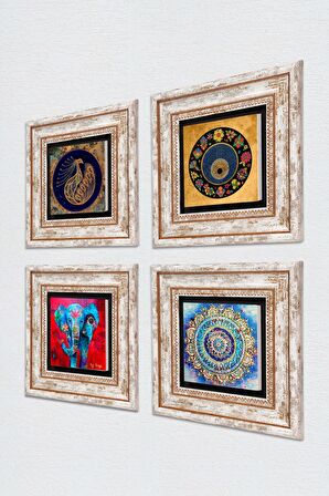 Mandala, Fil, Tavus Kuşu, Nazar Taş Duvar Tablosu Çerçeveli Duvar Dekoru 4 Parça Tablo Seti Wall Art