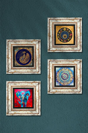 Mandala, Fil, Tavus Kuşu, Nazar Taş Duvar Tablosu Çerçeveli Duvar Dekoru 4 Parça Tablo Seti Wall Art