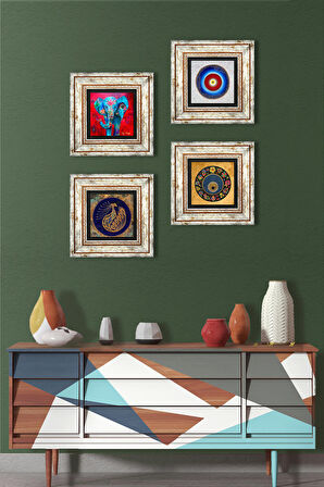 Fil, Tavus Kuşu, Nazar Taş Duvar Tablosu Çerçeveli Duvar Dekoru 4 Parça Tablo Seti Wall Art