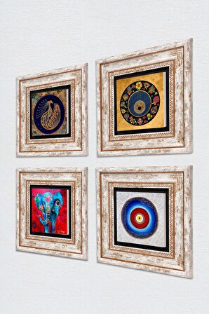 Fil, Tavus Kuşu, Nazar Taş Duvar Tablosu Çerçeveli Duvar Dekoru 4 Parça Tablo Seti Wall Art