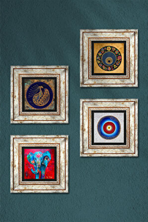 Fil, Tavus Kuşu, Nazar Taş Duvar Tablosu Çerçeveli Duvar Dekoru 4 Parça Tablo Seti Wall Art
