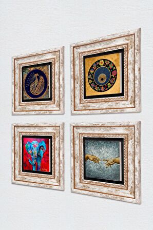 Michelangelo Adem'in Yaratılışı, Fil, Tavus Kuşu, Nazar Taş Duvar Tablosu Çerçeveli Duvar Dekoru 4 Parça Tablo Seti Wall Art