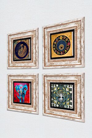 Hayat Ağacı, Fil, Tavus Kuşu, Nazar Taş Duvar Tablosu Çerçeveli Duvar Dekoru 4 Parça Tablo Seti Wall Art