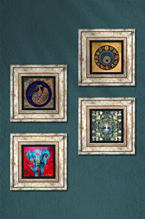 Hayat Ağacı, Fil, Tavus Kuşu, Nazar Taş Duvar Tablosu Çerçeveli Duvar Dekoru 4 Parça Tablo Seti Wall Art