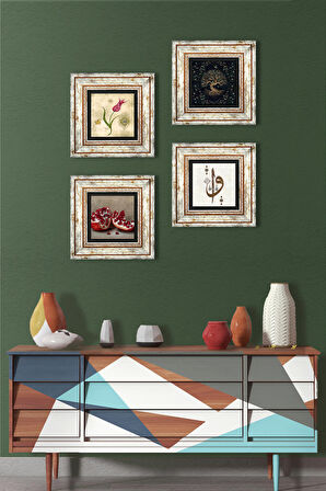 Elif Vav, Hayat Ağacı, Lale, Nar Taş Duvar Tablosu Çerçeveli Duvar Dekoru 4 Parça Tablo Seti Wall Art