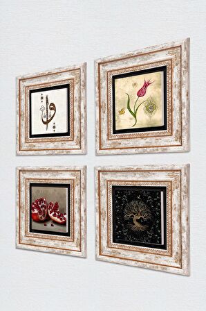Elif Vav, Hayat Ağacı, Lale, Nar Taş Duvar Tablosu Çerçeveli Duvar Dekoru 4 Parça Tablo Seti Wall Art