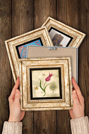 Elif Vav, Hayat Ağacı, Lale, Nar Taş Duvar Tablosu Çerçeveli Duvar Dekoru 4 Parça Tablo Seti Wall Art