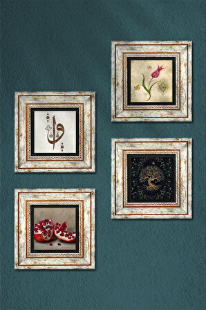 Elif Vav, Hayat Ağacı, Lale, Nar Taş Duvar Tablosu Çerçeveli Duvar Dekoru 4 Parça Tablo Seti Wall Art