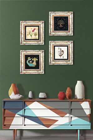 Elif Vav, Hayat Ağacı, Lale, Şahmeran Taş Duvar Tablosu Çerçeveli Duvar Dekoru 4 Parça Tablo Seti Wall Art