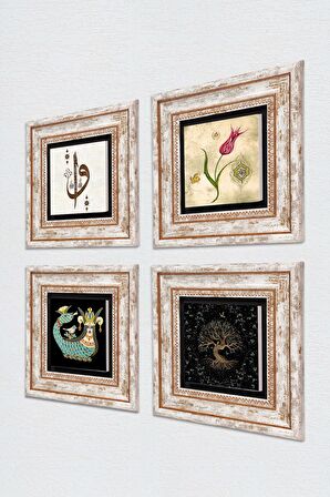 Elif Vav, Hayat Ağacı, Lale, Şahmeran Taş Duvar Tablosu Çerçeveli Duvar Dekoru 4 Parça Tablo Seti Wall Art