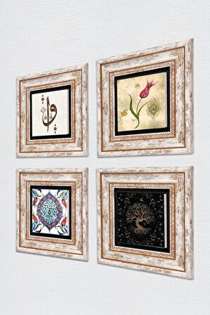 Elif Vav, Hayat Ağacı, Lale, Çini Sanatı Taş Duvar Tablosu Çerçeveli Duvar Dekoru 4 Parça Tablo Seti Wall Art