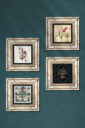 Elif Vav, Hayat Ağacı, Lale, Çini Sanatı Taş Duvar Tablosu Çerçeveli Duvar Dekoru 4 Parça Tablo Seti Wall Art