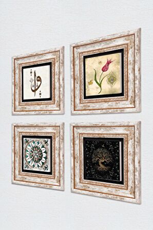 Elif Vav, Hayat Ağacı, Lale, Çini Sanatı Taş Duvar Tablosu Çerçeveli Duvar Dekoru 4 Parça Tablo Seti Wall Art