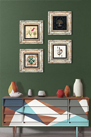Elif Vav, Hayat Ağacı, Lale, Fas Desenli Vintage Taş Duvar Tablosu Çerçeveli Duvar Dekoru 4 Parça Tablo Seti Wall Art