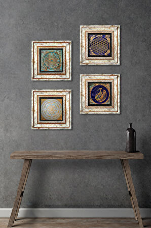 Tavus Kuşu, Yaşam Çiçeği, Sri Yantra Taş Duvar Tablosu Çerçeveli Duvar Dekoru 4 Parça Tablo Seti Wall Art
