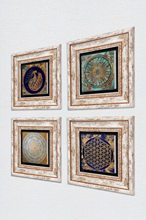Tavus Kuşu, Yaşam Çiçeği, Sri Yantra Taş Duvar Tablosu Çerçeveli Duvar Dekoru 4 Parça Tablo Seti Wall Art