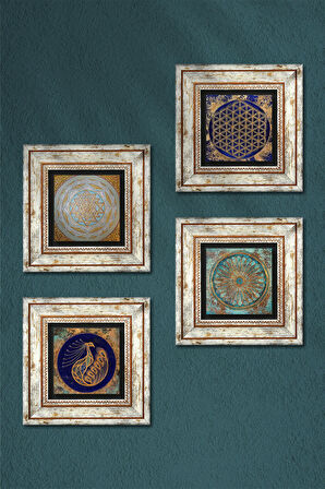 Tavus Kuşu, Yaşam Çiçeği, Sri Yantra Taş Duvar Tablosu Çerçeveli Duvar Dekoru 4 Parça Tablo Seti Wall Art