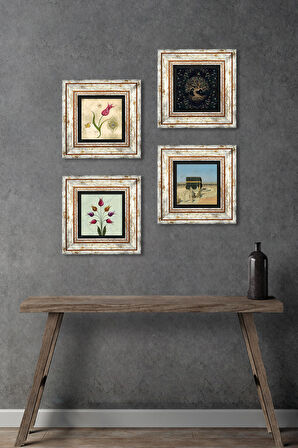 Hayat Ağacı, Lale, Kabe-i Muazzama Taş Duvar Tablosu Çerçeveli Duvar Dekoru 4 Parça Tablo Seti Wall Art