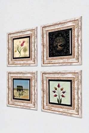 Hayat Ağacı, Lale, Kabe-i Muazzama Taş Duvar Tablosu Çerçeveli Duvar Dekoru 4 Parça Tablo Seti Wall Art