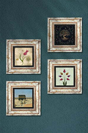 Hayat Ağacı, Lale, Kabe-i Muazzama Taş Duvar Tablosu Çerçeveli Duvar Dekoru 4 Parça Tablo Seti Wall Art