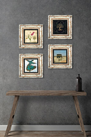 Hayat Ağacı, Lale, Kabe-i Muazzama, Semazen Taş Duvar Tablosu Çerçeveli Duvar Dekoru 4 Parça Tablo Seti Wall Art