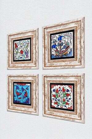 Çini Sanatı Balık, Yelkenli Gemi, Lale Taş Duvar Tablosu Çerçeveli Duvar Dekoru 4 Parça Tablo Seti Wall Art