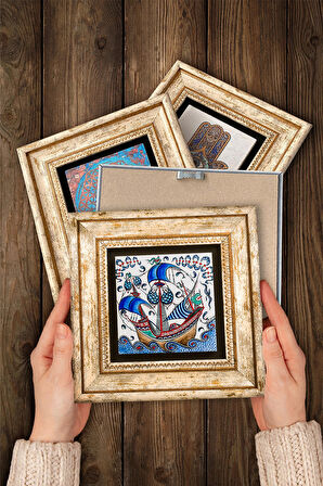 Çini Sanatı Balık, Yelkenli Gemi, Lale Taş Duvar Tablosu Çerçeveli Duvar Dekoru 4 Parça Tablo Seti Wall Art