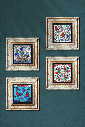 Çini Sanatı Balık, Yelkenli Gemi, Lale Taş Duvar Tablosu Çerçeveli Duvar Dekoru 4 Parça Tablo Seti Wall Art