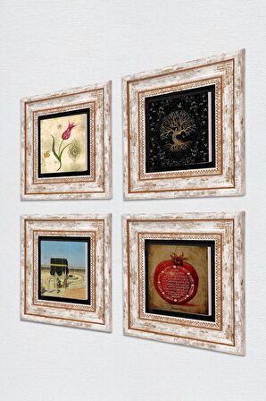 Hayat Ağacı, Lale, Kabe-i Muazzama, Bereket Duası Taş Duvar Tablosu Çerçeveli Duvar Dekoru 4 Parça Tablo Seti Wall Art