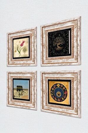 Hayat Ağacı, Lale, Kabe-i Muazzama, Nazar Taş Duvar Tablosu Çerçeveli Duvar Dekoru 4 Parça Tablo Seti Wall Art