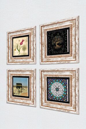 İhlas Suresi, Hayat Ağacı, Lale, Kabe-i Muazzama Taş Duvar Tablosu Çerçeveli Duvar Dekoru 4 Parça Tablo Seti Wall Art