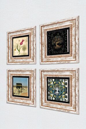 Hayat Ağacı, Lale, Kabe-i Muazzama Taş Duvar Tablosu Çerçeveli Duvar Dekoru 4 Parça Tablo Seti Wall Art