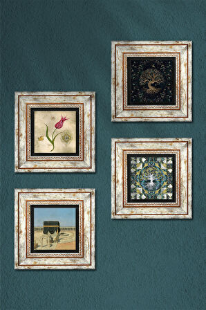 Hayat Ağacı, Lale, Kabe-i Muazzama Taş Duvar Tablosu Çerçeveli Duvar Dekoru 4 Parça Tablo Seti Wall Art