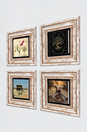 Semazen, Hayat Ağacı, Lale, Kabe-i Muazzama Taş Duvar Tablosu Çerçeveli Duvar Dekoru 4 Parça Tablo Seti Wall Art