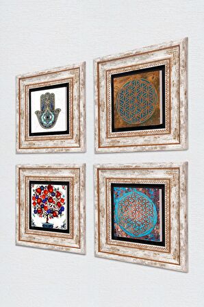 Yaşam Çiçeği, Nar Ağacı, Fatma Ana Eli (Hamsa) Taş Duvar Tablosu Çerçeveli Duvar Dekoru 4 Parça Tablo Seti Wall Art