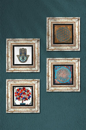 Yaşam Çiçeği, Nar Ağacı, Fatma Ana Eli (Hamsa) Taş Duvar Tablosu Çerçeveli Duvar Dekoru 4 Parça Tablo Seti Wall Art