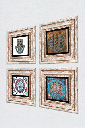 Yaşam Çiçeği, Çini Sanatı, Fatma Ana Eli (Hamsa) Taş Duvar Tablosu Çerçeveli Duvar Dekoru 4 Parça Tablo Seti Wall Art
