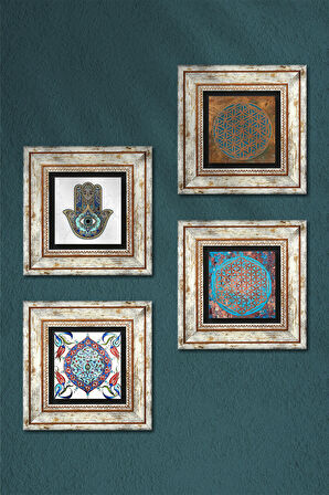 Yaşam Çiçeği, Çini Sanatı, Fatma Ana Eli (Hamsa) Taş Duvar Tablosu Çerçeveli Duvar Dekoru 4 Parça Tablo Seti Wall Art