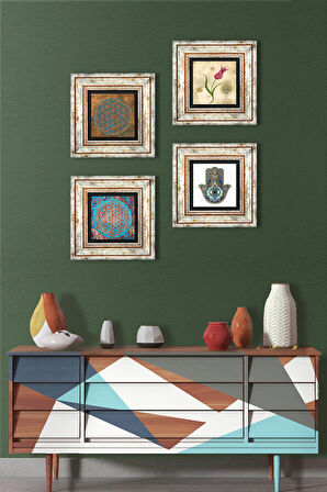 Yaşam Çiçeği, Lale, Fatma Ana Eli (Hamsa) Taş Duvar Tablosu Çerçeveli Duvar Dekoru 4 Parça Tablo Seti Wall Art