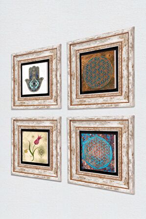 Yaşam Çiçeği, Lale, Fatma Ana Eli (Hamsa) Taş Duvar Tablosu Çerçeveli Duvar Dekoru 4 Parça Tablo Seti Wall Art