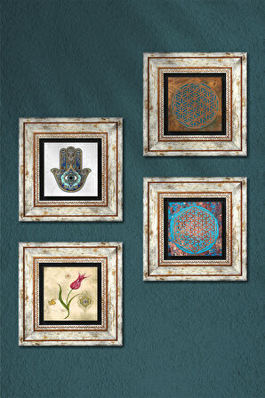 Yaşam Çiçeği, Lale, Fatma Ana Eli (Hamsa) Taş Duvar Tablosu Çerçeveli Duvar Dekoru 4 Parça Tablo Seti Wall Art