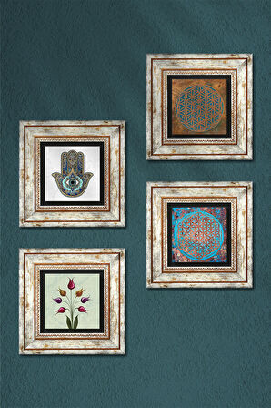 Yaşam Çiçeği, Lale, Fatma Ana Eli (Hamsa) Taş Duvar Tablosu Çerçeveli Duvar Dekoru 4 Parça Tablo Seti Wall Art