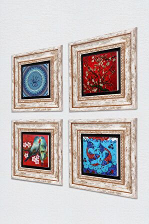 Kuş, Nazar, Çini Sanatı Balık, Van Gogh Badem Ağacı Taş Duvar Tablosu Çerçeveli Duvar Dekoru 4 Parça Tablo Seti Wall Art