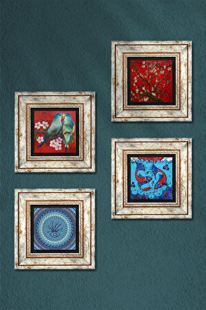 Kuş, Nazar, Çini Sanatı Balık, Van Gogh Badem Ağacı Taş Duvar Tablosu Çerçeveli Duvar Dekoru 4 Parça Tablo Seti Wall Art