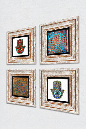 Yaşam Çiçeği, Fatma Ana Eli (Hamsa) Taş Duvar Tablosu Çerçeveli Duvar Dekoru 4 Parça Tablo Seti Wall Art