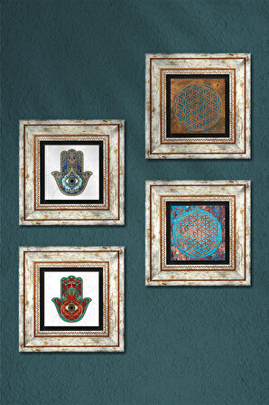 Yaşam Çiçeği, Fatma Ana Eli (Hamsa) Taş Duvar Tablosu Çerçeveli Duvar Dekoru 4 Parça Tablo Seti Wall Art