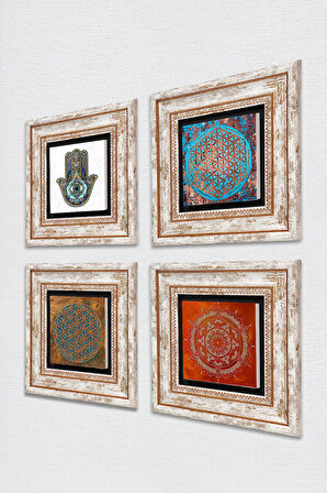 Yaşam Çiçeği, Mandala, Fatma Ana Eli (Hamsa) Taş Duvar Tablosu Çerçeveli Duvar Dekoru 4 Parça Tablo Seti Wall Art