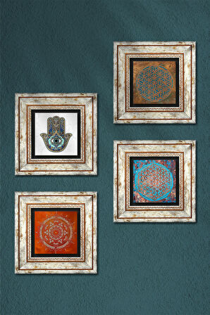 Yaşam Çiçeği, Mandala, Fatma Ana Eli (Hamsa) Taş Duvar Tablosu Çerçeveli Duvar Dekoru 4 Parça Tablo Seti Wall Art